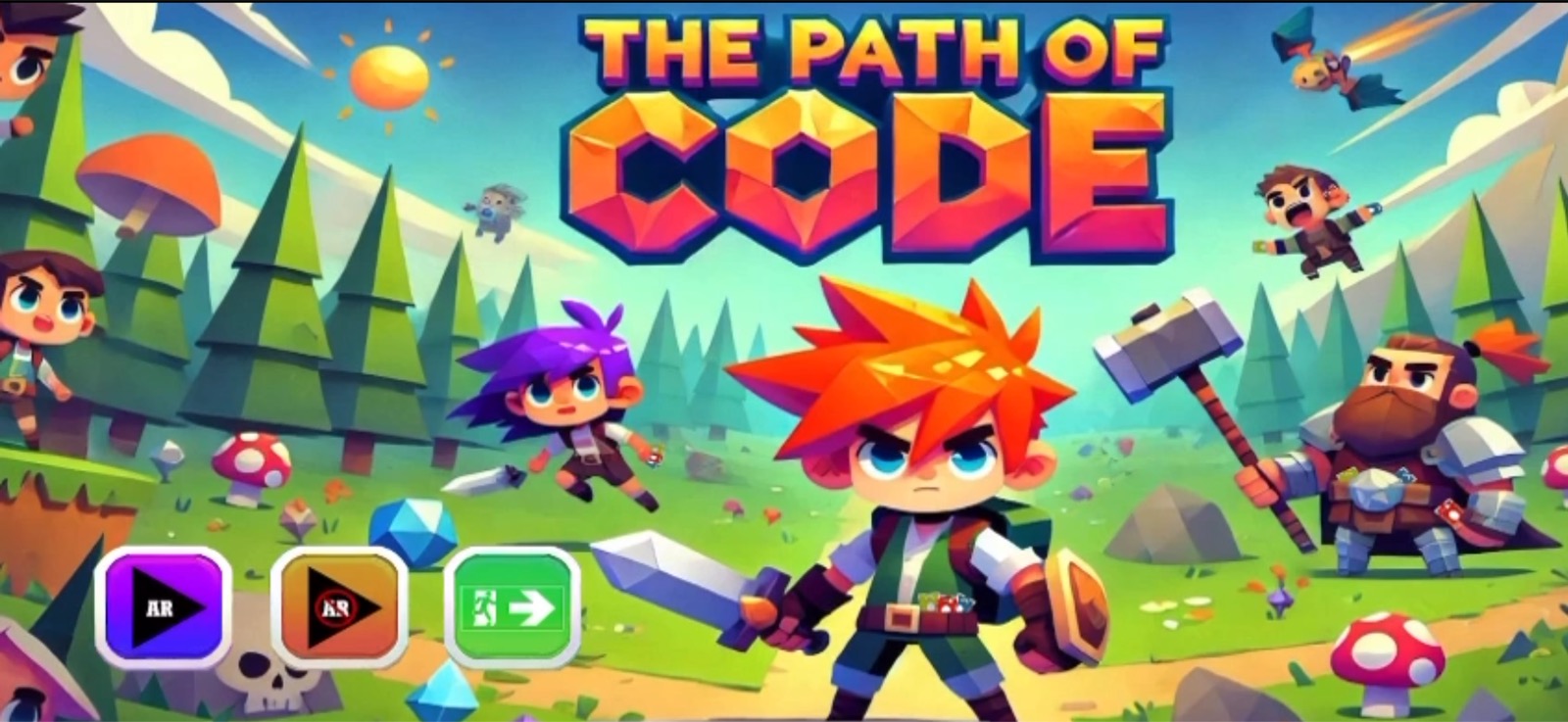 Main Menu Main menu of the game, showing the initial screen with several characters styled as medieval adventurers. There are three buttons on the lower left: AR, Non-AR and Exit